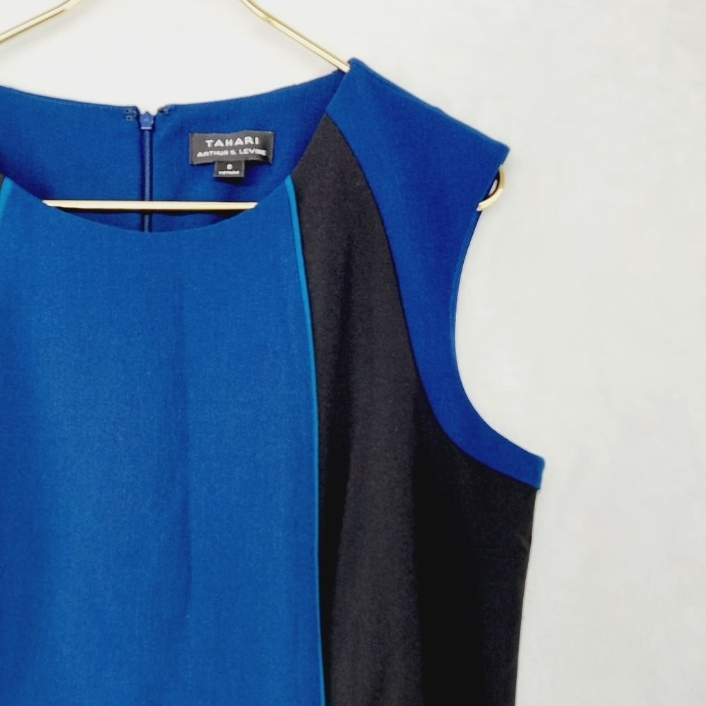 Tahari Arthur S. Levine Black and Blue Pencil Crew Neck Midi Dress P2987 - Picture 2 of 8